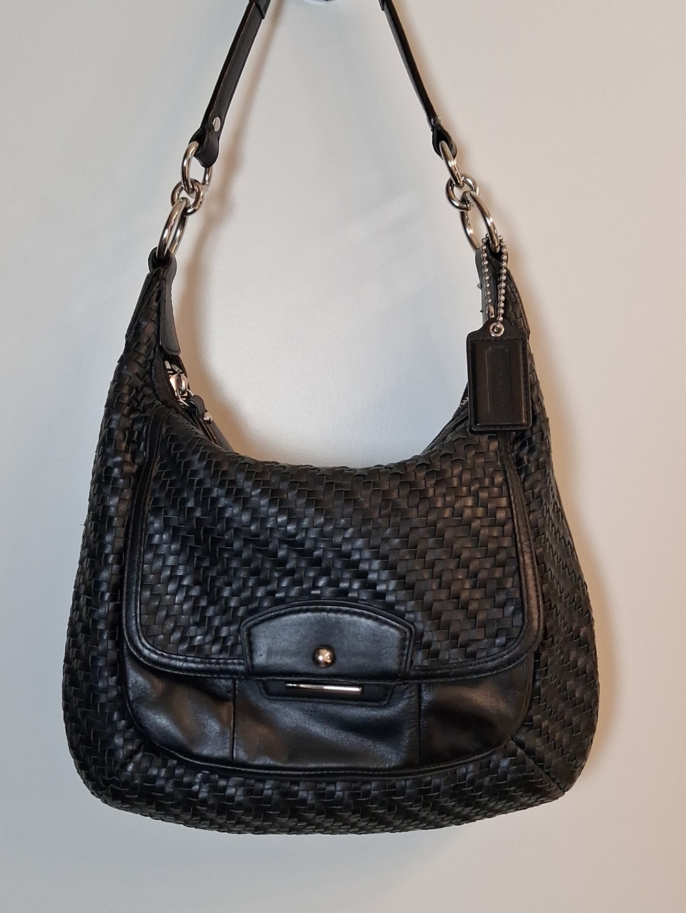 Coach Kristin Woven Black Leather Hobo Shoulder Bag